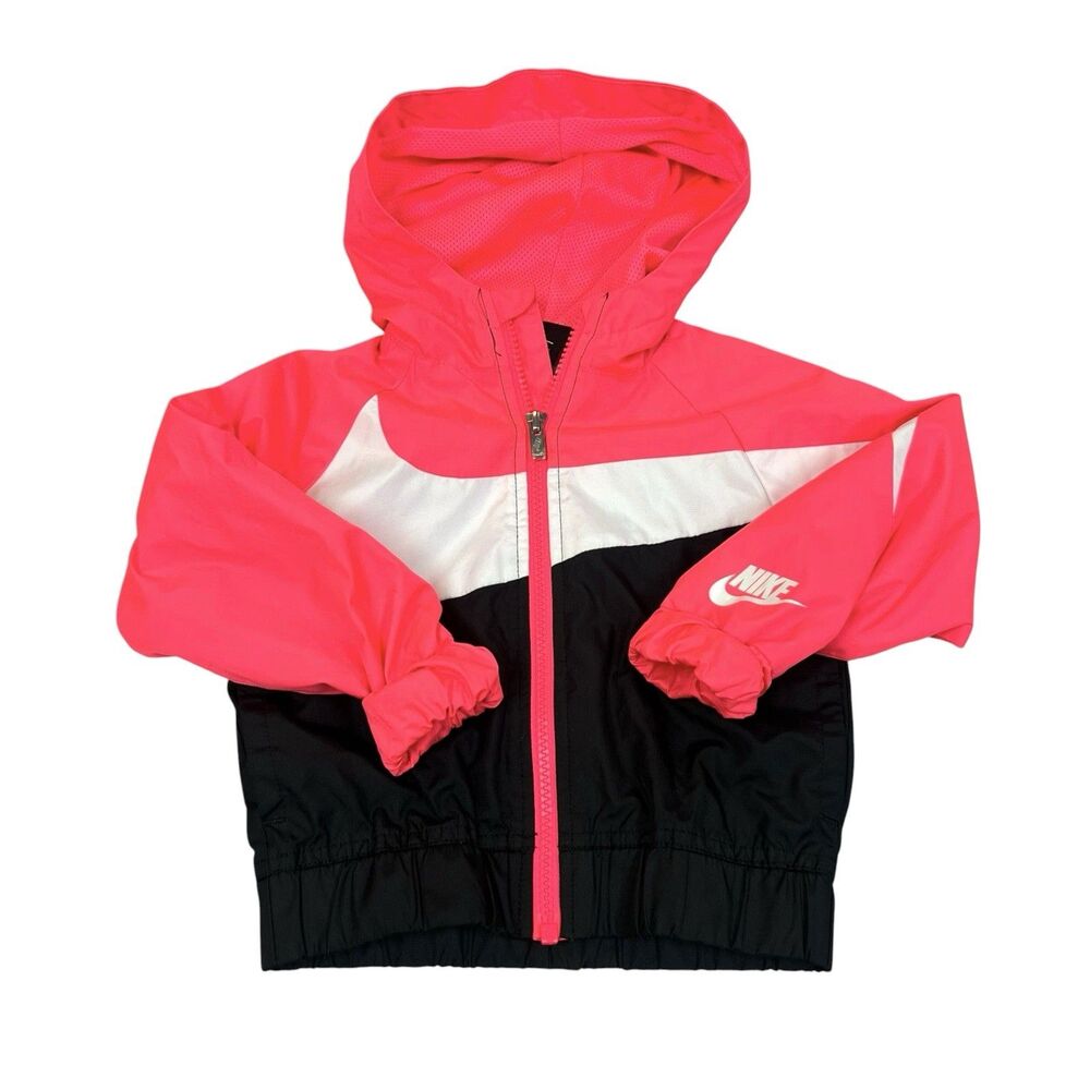 Nike Girls Oversized Swoosh Windrunner Jacket Pink Black White 12-24M 1-2Y